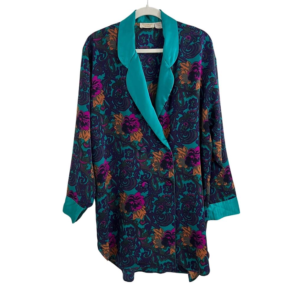 Vtg 90s Victoria's Secret Gold Label Satin Floral Green Night Shirt Robe Size L